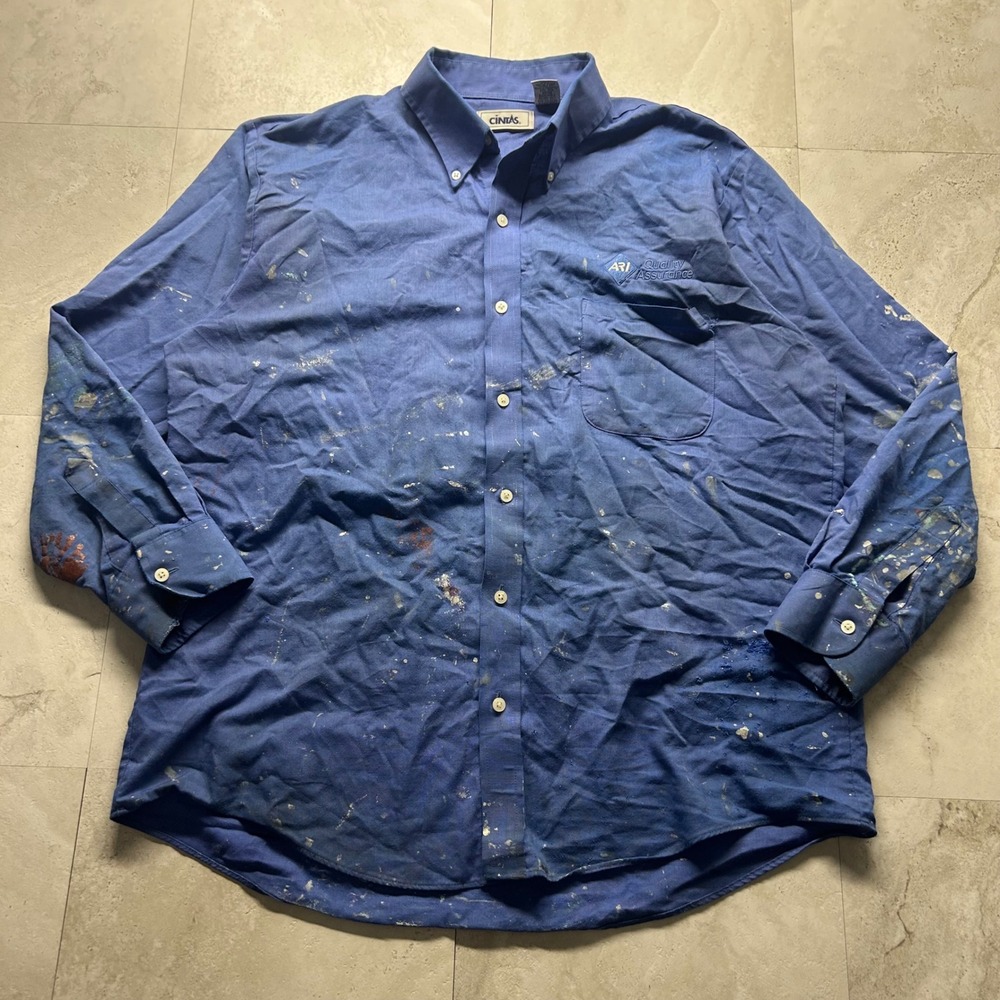 Cintas Work Shirt Blue Mens 16.5 RG Distressed Paint Splatter ARI Long Sleeve